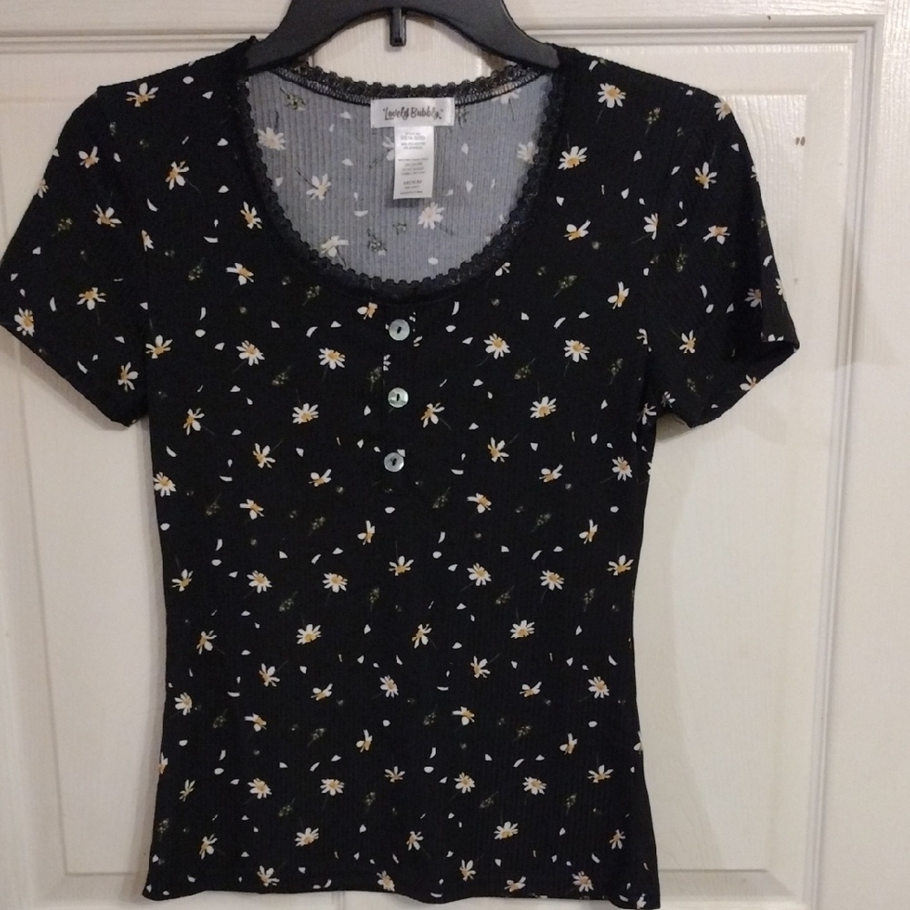 Black Floral Print Fitted Short Sleeve Tee